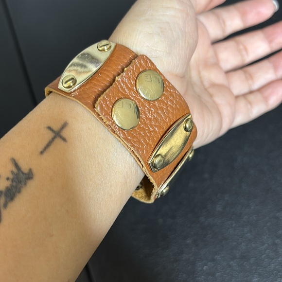 Gold Studded Brown Leather Bracelet - Picture 6 of 6